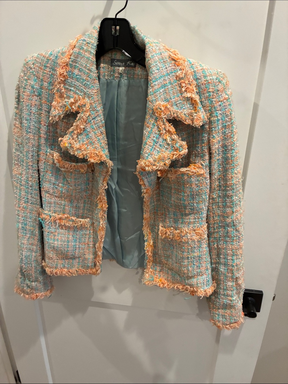 Fringed Tweed Blazer in Mint & Peach Serena Kay